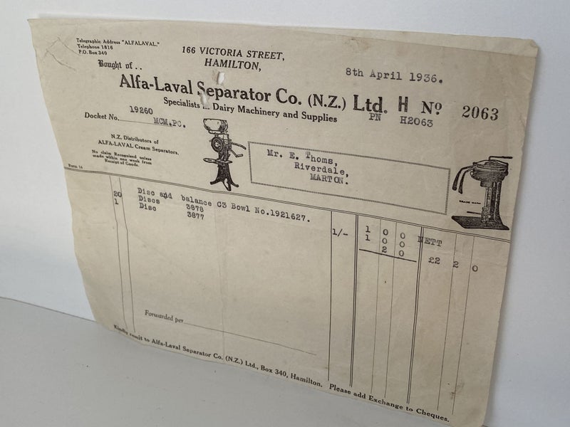OLD INVOICE / RECEIPT: Alfa-Laval Separator Co, Hamilton - Dairy Machines 1936 Carousel 2