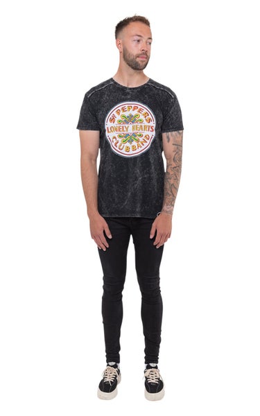 The Beatles T Shirt Sgt Pepper Drum Band Logo new Official Mens Black Snow Wash Carousel 2