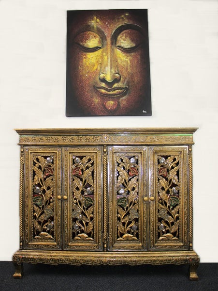 Clearance Sale - Ornate Hand Carved Cabinet With 4 Cupboards Green/White/Red Carousel 1