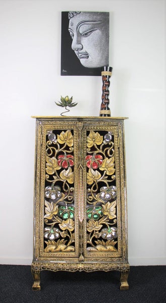Clearance Sale - Ornate Hand Carved Tall Cabinet Green/White/Red Flower Mosaics Carousel 1