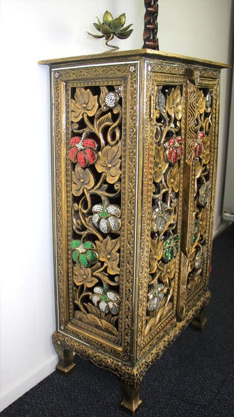Clearance Sale - Ornate Hand Carved Tall Cabinet Green/White/Red Flower Mosaics Carousel 2