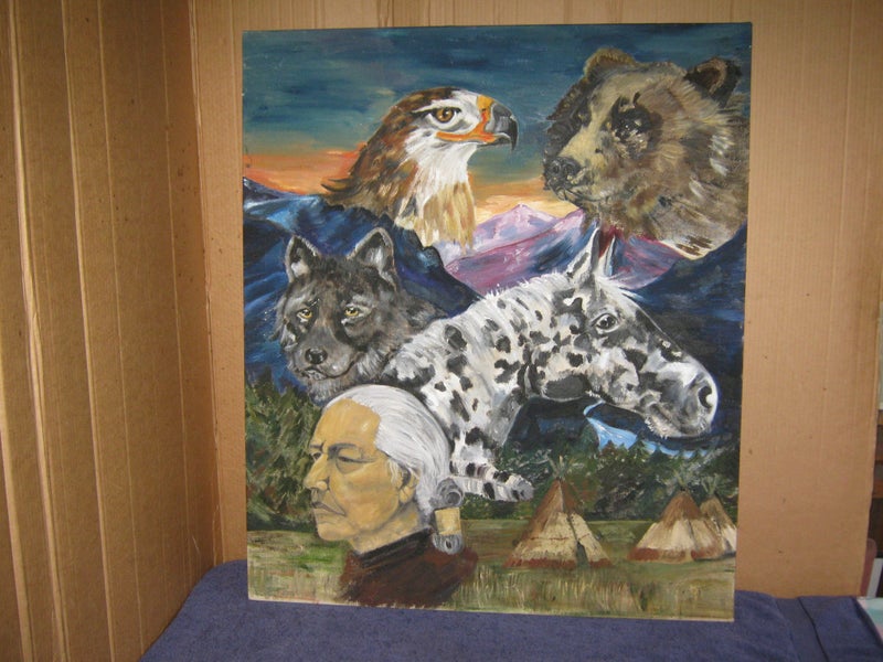 Large Eagle Bear Wolf Horse & Native American Painting original oil on canvas Carousel 1