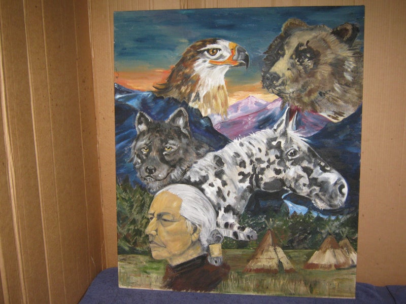 Large Eagle Bear Wolf Horse & Native American Painting original oil on canvas Carousel 2