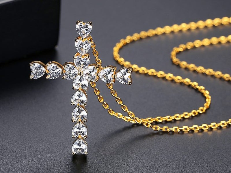 CZ Gold Cross Pendant Necklace Genuine 18KGP Yellow Gold / Christmas Gift Carousel 1