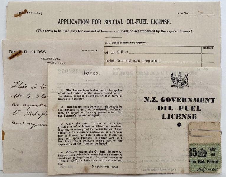 OLD DOCUMENT: NZ Government Application for special Oil-fuel License 1941 Carousel 1