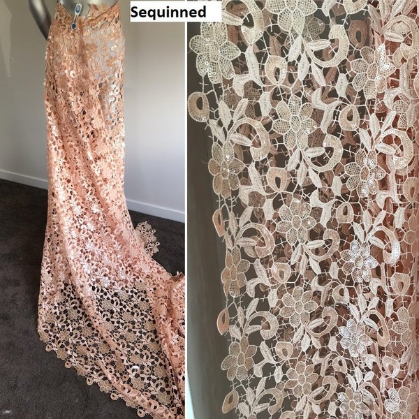 Apricot Sequined Guipure Lace 1.15cm length Carousel 1