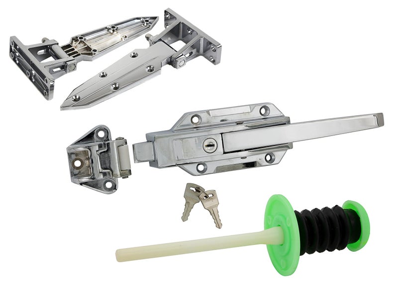 Coolroom Door Latch with Lock & Push Release + 2x 280mm Hinges Chrome Aluminium Carousel 1
