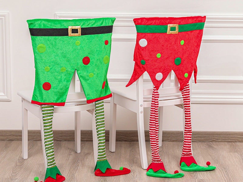 2Pcs Christmas Chair Back Cover Xmas Long Leg Elf Chair Back Cover Carousel 1
