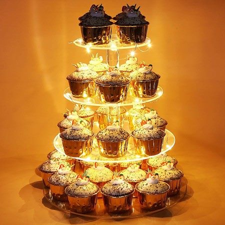 Cupcake Stand 4 Tier Acrylic Cake Dessert Pastry Display Holder LED String Light Carousel 1
