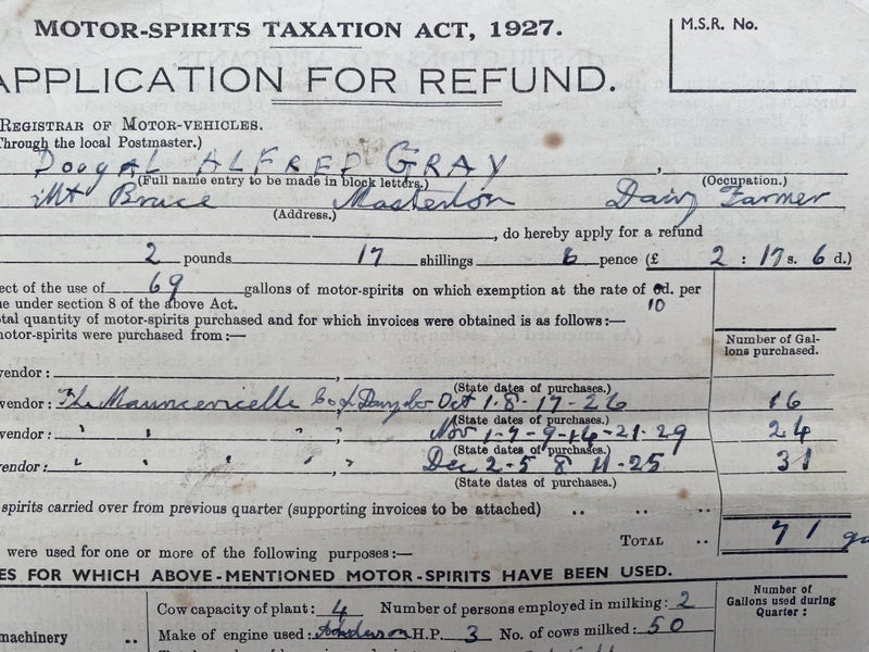OLD DOCUMENT: Motor Spirits Taxation - Application for refund 1931 Carousel 1