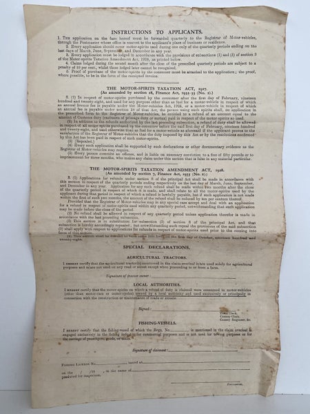 OLD DOCUMENT: Motor Spirits Taxation - Application for refund 1931 Carousel 3