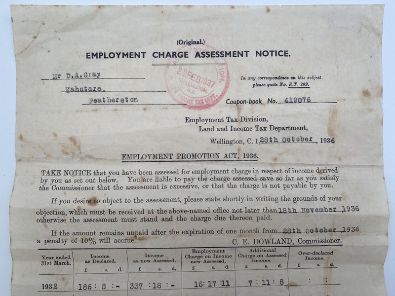 OLD DOCUMENT: Employment Charge Assessment Notice 1936 Carousel 1