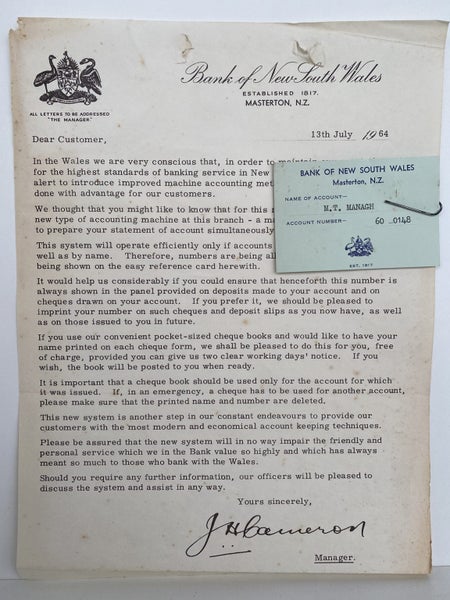 OLD LETTERHEAD: Bank of New South Wales, Masterton 1964 Carousel 2