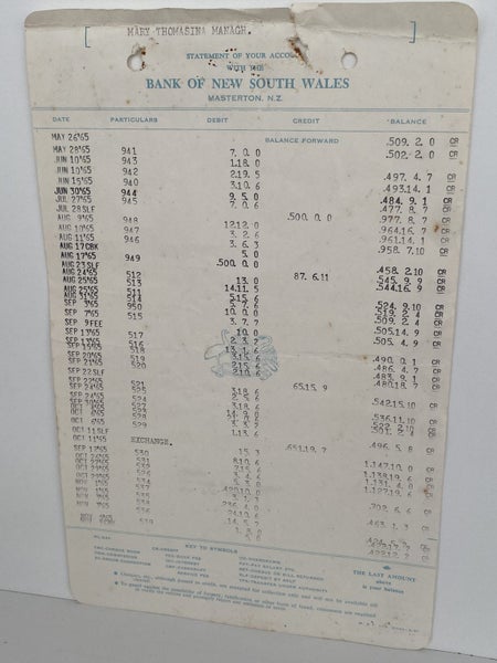 OLD DOCUMENT: Statement from Bank of New South Wales, Masterton 1965 Carousel 2