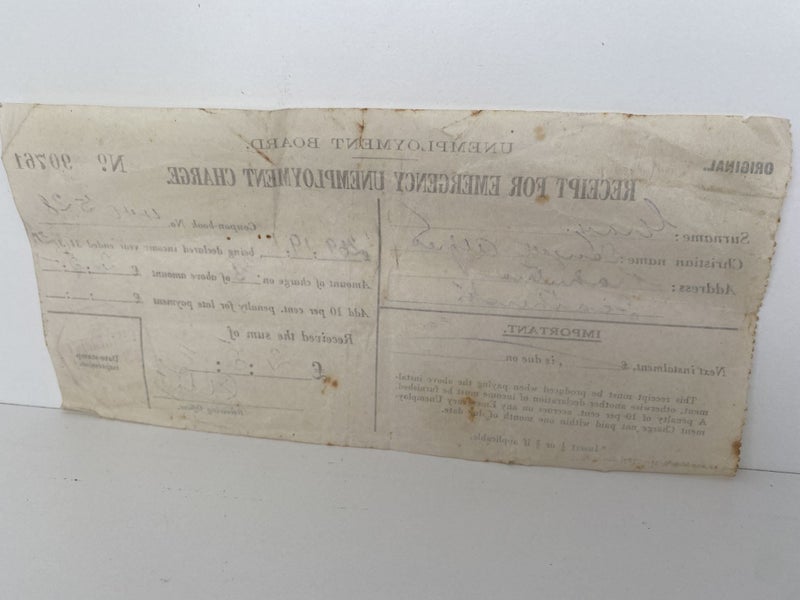 OLD RECEIPT: Issued by Unemployment Board for Emergency Unemployment Charge 1931 Carousel 3