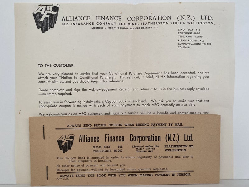 OLD LETTERHEAD + RECEIPT BOOK: Alliance Finance Corporation NZ Ltd Carousel 1