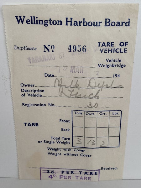 OLD RECEIPT: Wellington Harbour Board 1940s Carousel 1