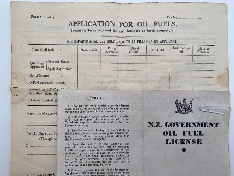 OLD DOCUMENT: New Zealand Government application + Oil Fuel License 1948 Carousel 1