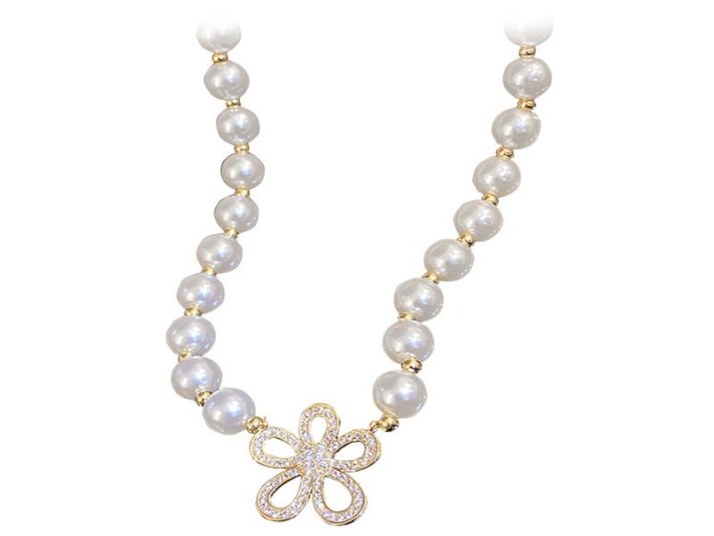 Necklace Crystal Pearl Flower Pendant Necklace Yellow Gold Plated Carousel 1