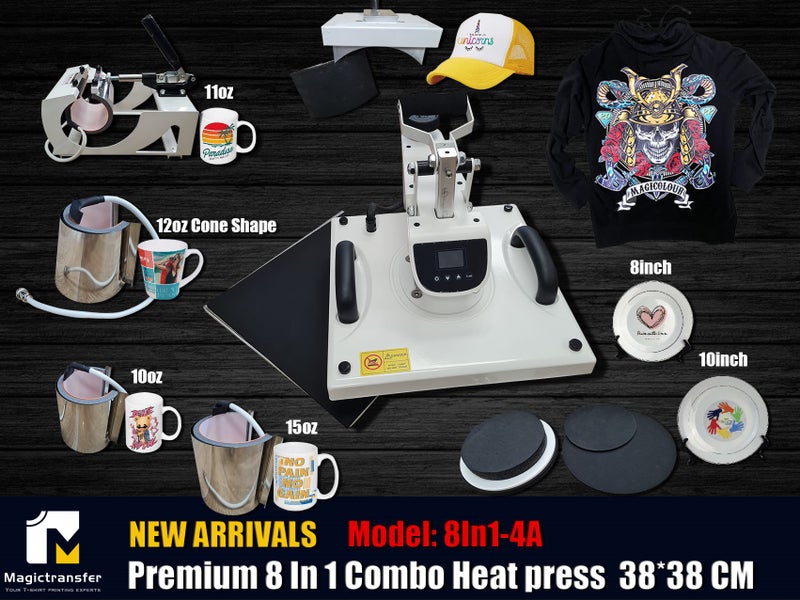 Latest model - 8 IN 1 Combo heat press with Larger T-shirt press. only 4 units Carousel 1