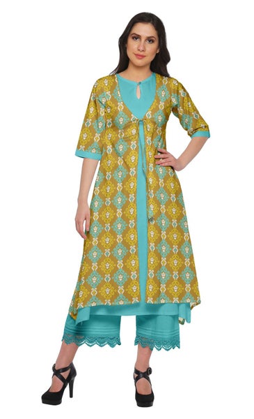 Moomaya Indian Palazzo Kurta Jacket Set For Women Partywear Chanderi Ethnic Carousel 1