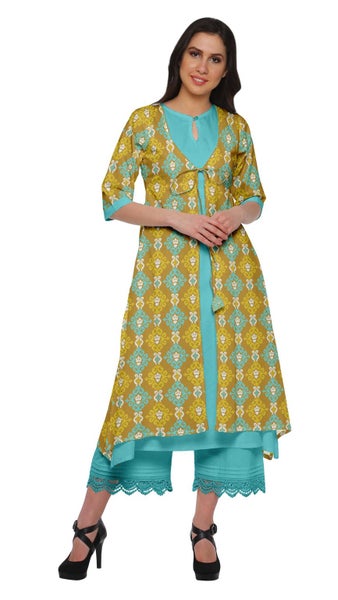 Moomaya Indian Palazzo Kurta Jacket Set For Women Partywear Chanderi Ethnic Carousel 2