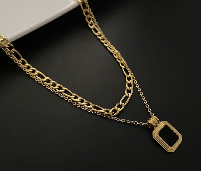 Necklace Stainless Steel Double Layer Design Square Plate Yellow Gold Plated Carousel 2