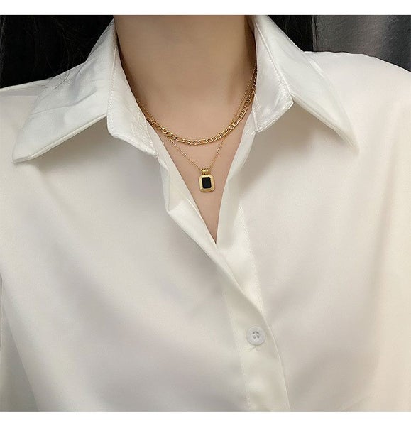 Necklace Stainless Steel Double Layer Design Square Plate Yellow Gold Plated Carousel 3