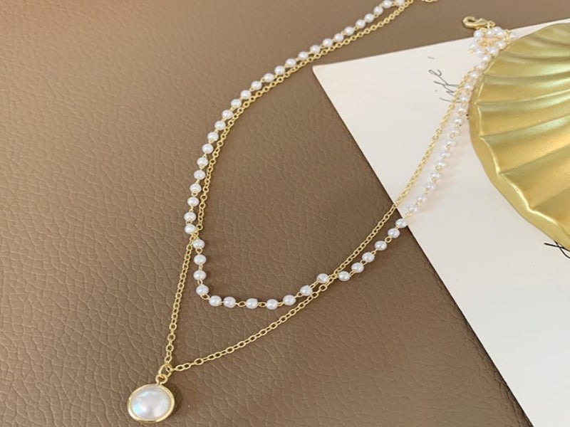 Necklace Stainless Steel Double Layer Design Pearl Yellow Gold Plated Carousel 1