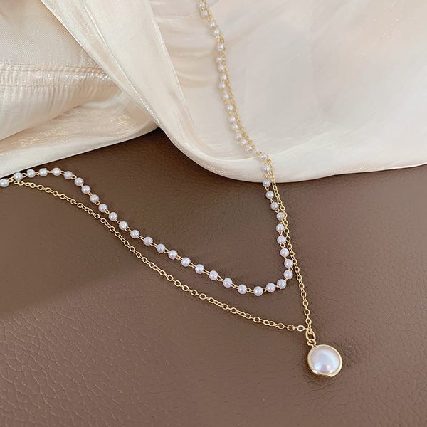 Necklace Stainless Steel Double Layer Design Pearl Yellow Gold Plated Carousel 2