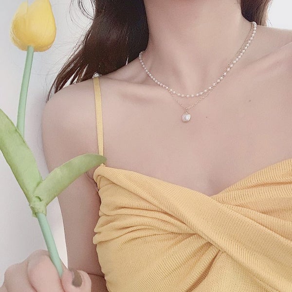 Necklace Stainless Steel Double Layer Design Pearl Yellow Gold Plated Carousel 4