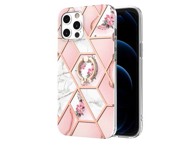 Finger Ring Kickstand Case Cover for iPhone 12 / 12 Pro Marble & Flower Carousel 4