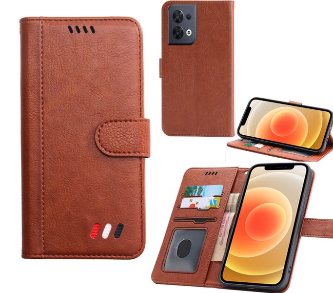 Oppo Reno8 5G full grain finish pu leather wallet case card & stand brown Carousel 1