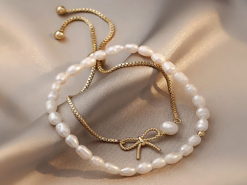 Bracelet Natural Pearls Removable Bowknot Baroque Pearls Yellow Gold Plated Carousel 1