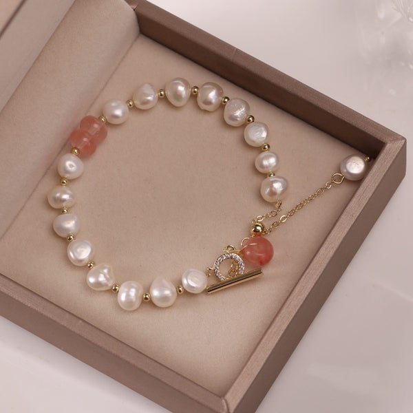 Bracelet Rose Quartz Baroque Pearls Platinum Yellow Gold Plated Carousel 2