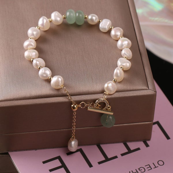 Bracelet Green Stone Quartz Baroque Pearls Platinum Yellow Gold Plated Carousel 3