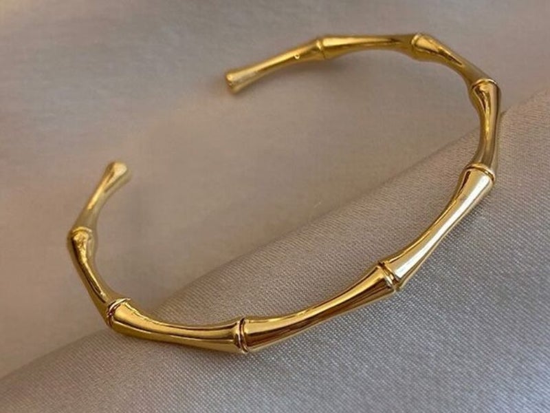 Bracelet Bamboo Design Platinum Yellow Gold Plated Open Size Carousel 1