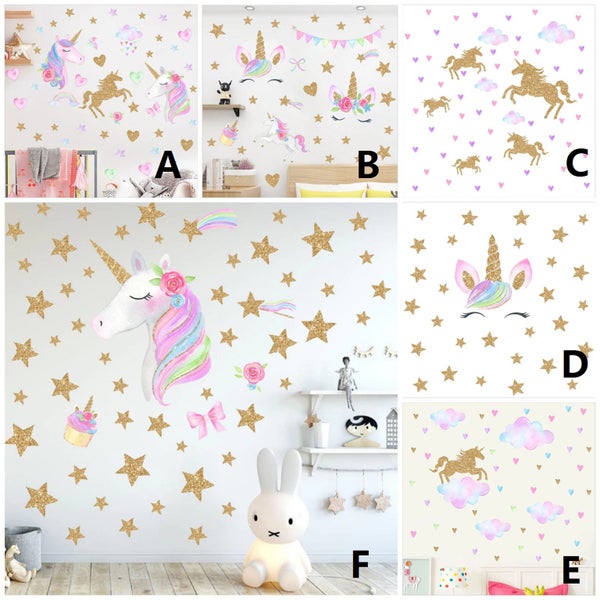 Cartoon Unicorns Flower Flag Star Heart Wall Stickers / Decals - 6 Designs Carousel 1