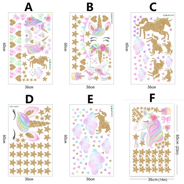Cartoon Unicorns Flower Flag Star Heart Wall Stickers / Decals - 6 Designs Carousel 2