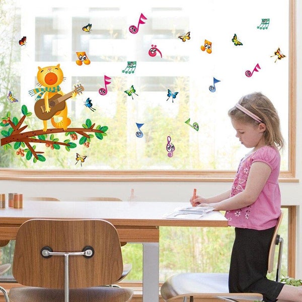 Cartoon Cat Playing Guitar Musical Note Wall Stickers / Decals For Kids Room Carousel 1