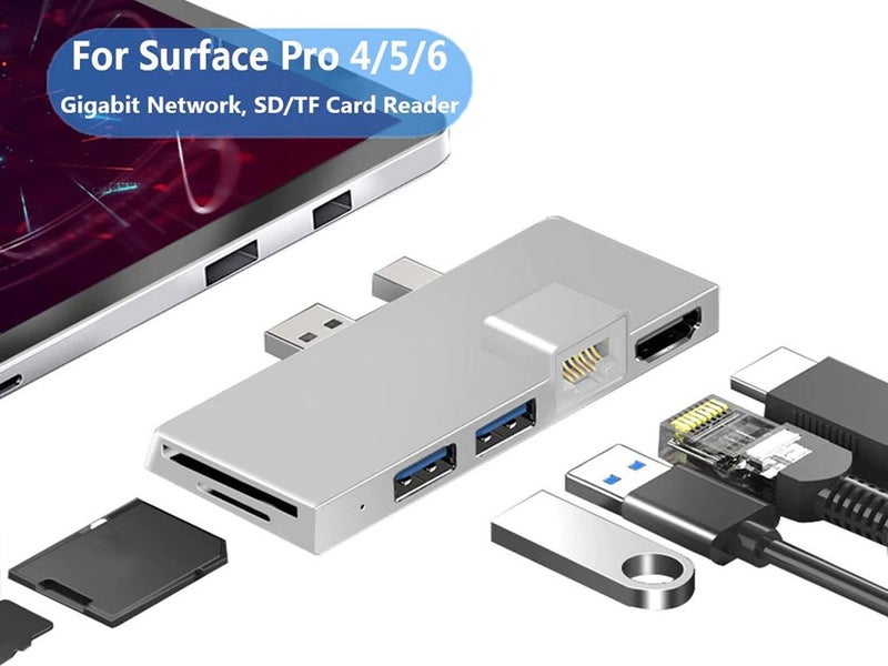 Surface Pro 4/5/6 - 6 in 1 Gigabit Ethernet, 2x USB 3.0, HDMI 4K, SD - Silver Carousel 1