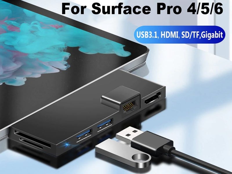 Surface Pro 4/5/6 USB Hub - 6 in 1 Ethernet, 2x USB, HDMI, SD - Black Carousel 1
