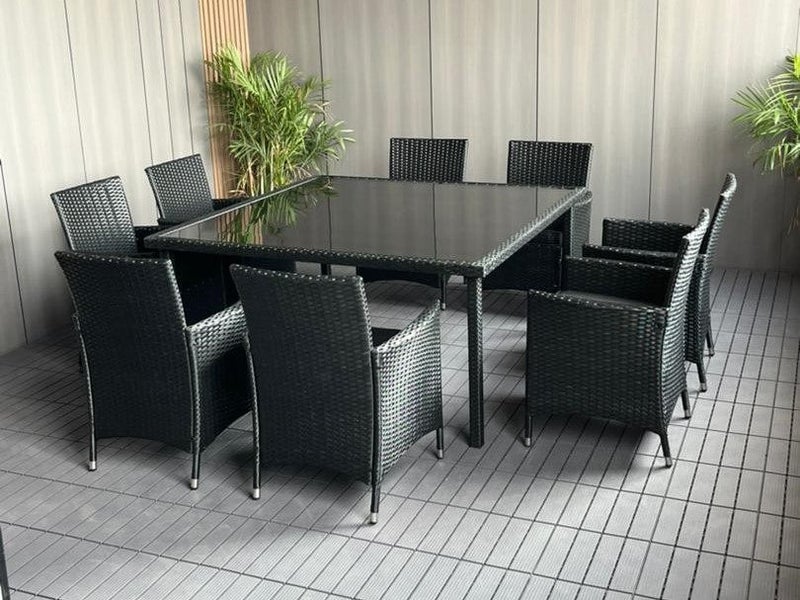 1500 x 1500 Aluminium Dining Set - 8 x Chairs - Black Glass - PE Black Rattan Carousel 1