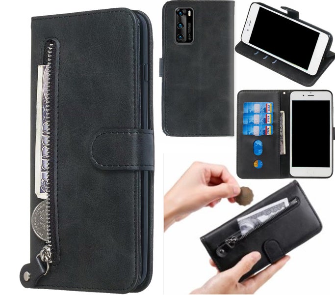 Huawei p40 pu leather wallet case cowhide finish card zipper blk Carousel 1