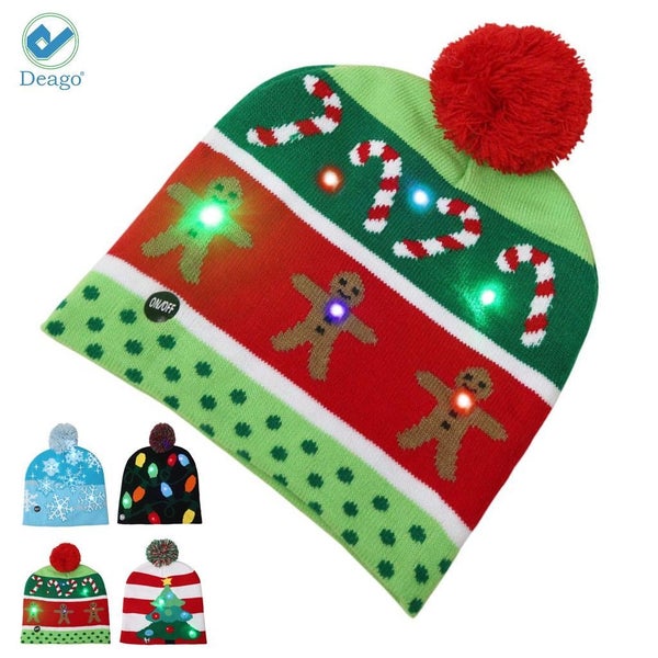 Deago LED Light Up Beanie Knit Hat Christmas Cap Xmas Winter Snow Holiday Warm H Carousel 1