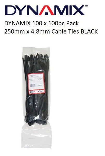 DYNAMIX 100 x 100pc Pack 250mm x 4.8mm Cable Ties BLACK Carousel 1