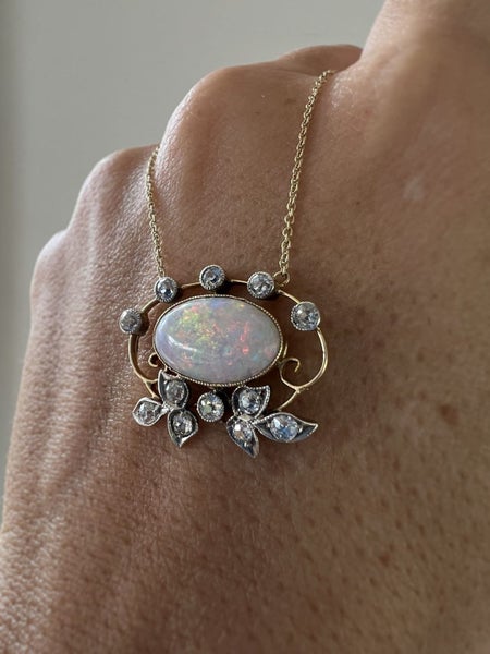 Antique Victorian 18k Gold & Platinum Cabochon Opal & Diamond Pendant Necklace Carousel 1