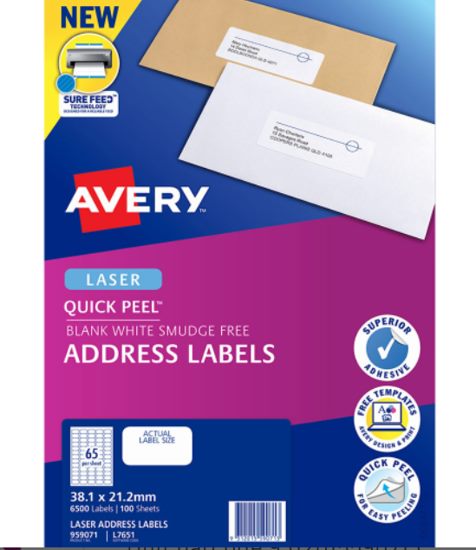 Avery Label L7651-100 White-38.1mm x 21.2mm-65 per sheet-100 Sheets Carousel 1