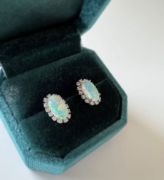 Vintage 14k White Gold 5.70ctw Oval Cabochon Opal & Diamond Halo Stud Earrings Carousel 2