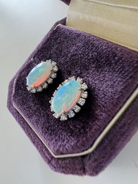 Vintage 14k White Gold 5.70ctw Oval Cabochon Opal & Diamond Halo Stud Earrings Carousel 1